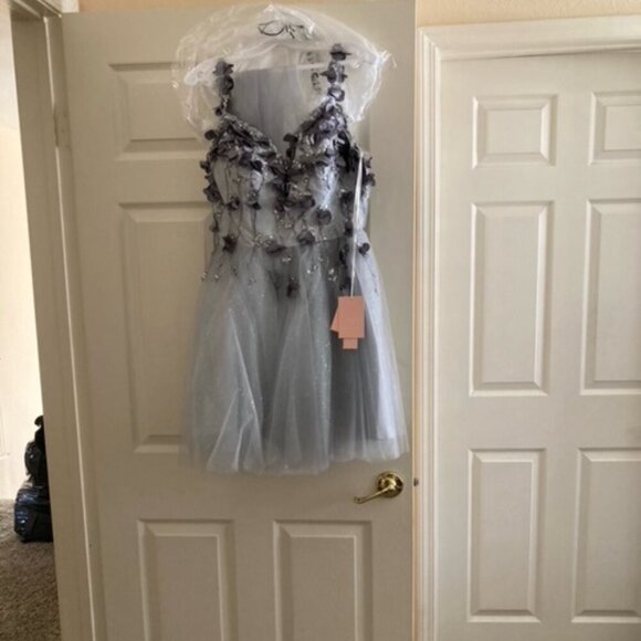 NWT Elizabeth K GS1999 Cocktail Dress Mesh Silver Size L - Picture 8 of 9